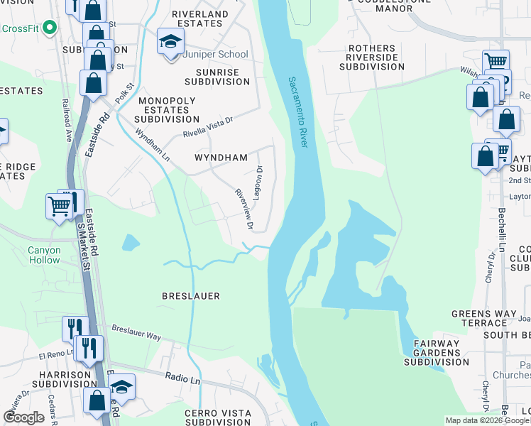 map of restaurants, bars, coffee shops, grocery stores, and more near 3540 Riverview Drive in Redding