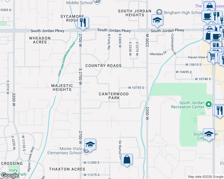 map of restaurants, bars, coffee shops, grocery stores, and more near 10788 Martingale Drive in South Jordan