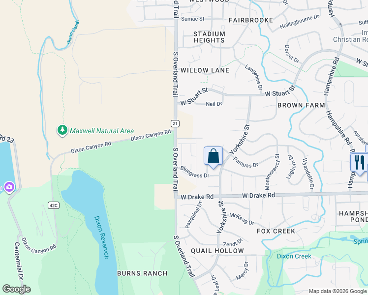 map of restaurants, bars, coffee shops, grocery stores, and more near 2424 South Overland Trail in Fort Collins