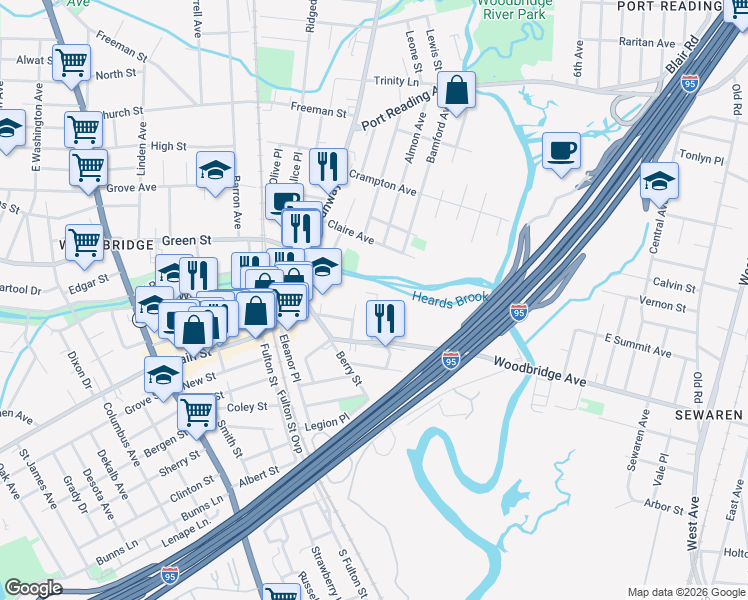 map of restaurants, bars, coffee shops, grocery stores, and more near 122 Harriot Street in Woodbridge Township