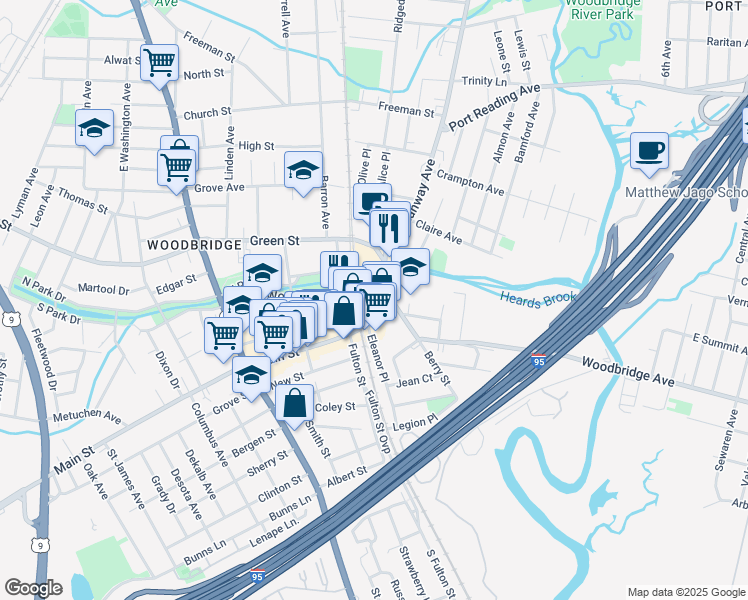 map of restaurants, bars, coffee shops, grocery stores, and more near 34 Main Street in Woodbridge Township