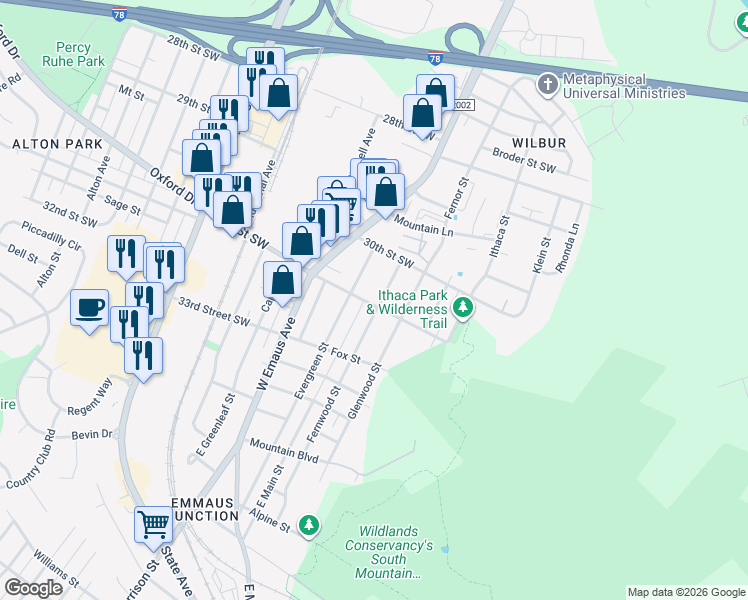 map of restaurants, bars, coffee shops, grocery stores, and more near 3052 West Fairbanks Street in Allentown