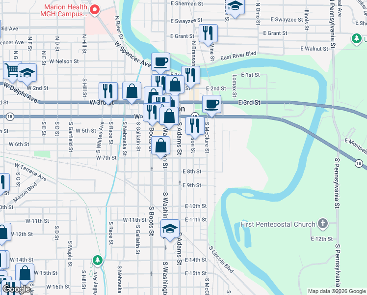 map of restaurants, bars, coffee shops, grocery stores, and more near 601 South Adams Street in Marion