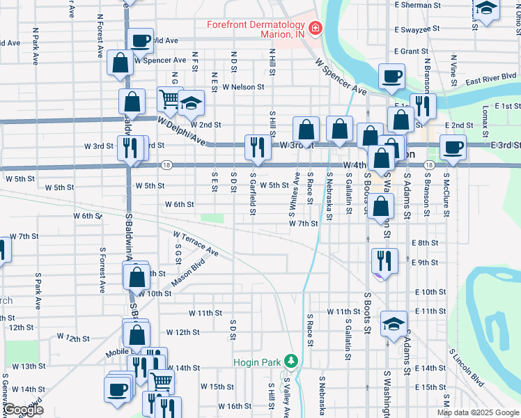 map of restaurants, bars, coffee shops, grocery stores, and more near 601-699 South Garfield Street in Marion