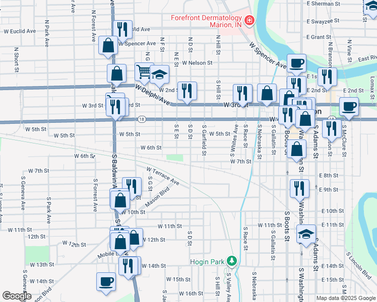 map of restaurants, bars, coffee shops, grocery stores, and more near 610 S D St in Marion