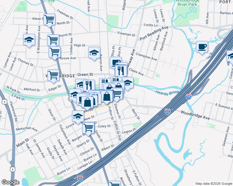 map of restaurants, bars, coffee shops, grocery stores, and more near 34 Main Street in Woodbridge Township