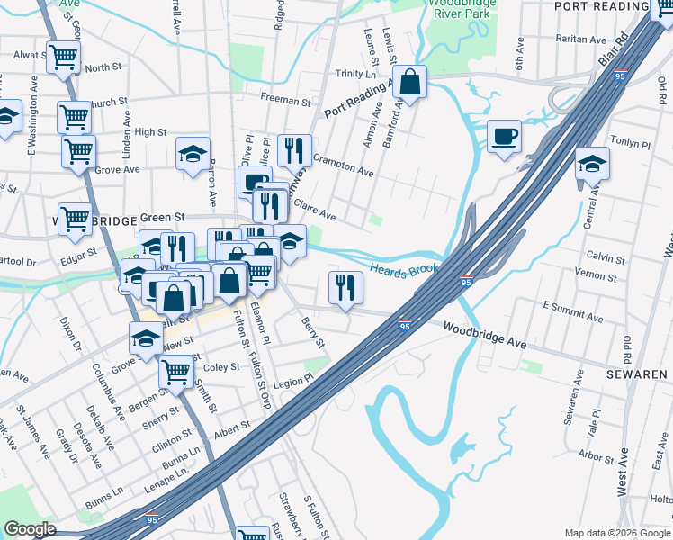 map of restaurants, bars, coffee shops, grocery stores, and more near 122 Harriot Street in Woodbridge Township
