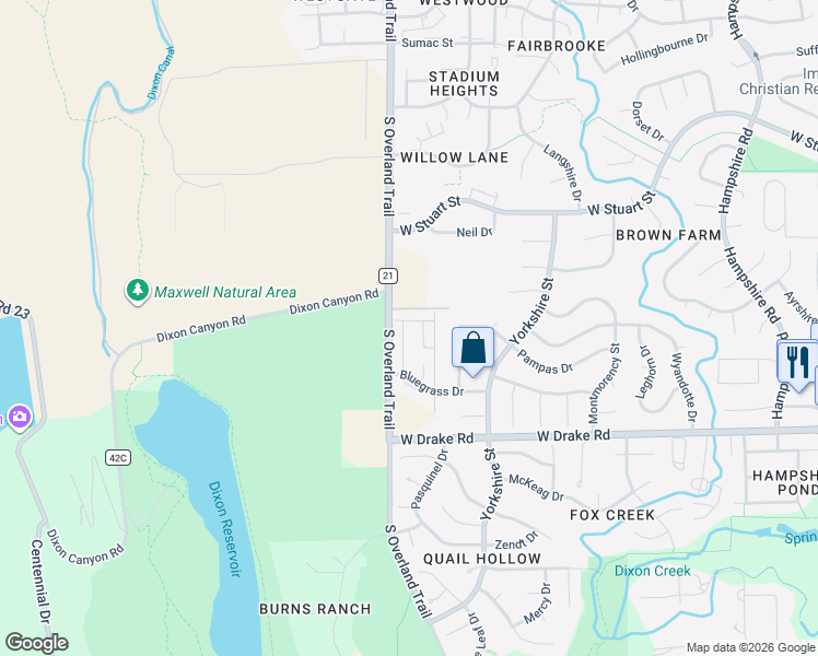 map of restaurants, bars, coffee shops, grocery stores, and more near 2424 South Overland Trail in Fort Collins