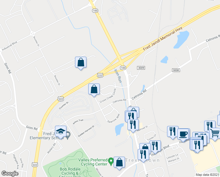 map of restaurants, bars, coffee shops, grocery stores, and more near 7783 Cross Creek Circle West in Breinigsville