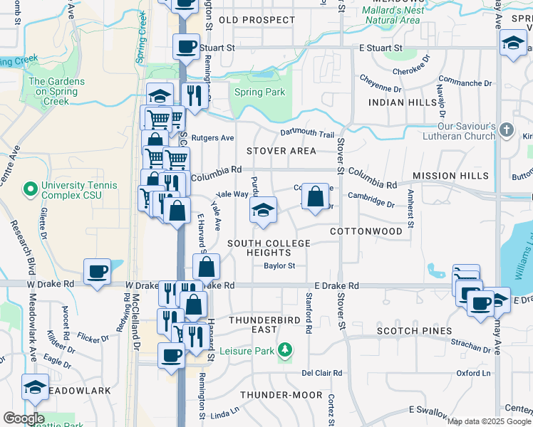 map of restaurants, bars, coffee shops, grocery stores, and more near 2420 Purdue Road in Fort Collins