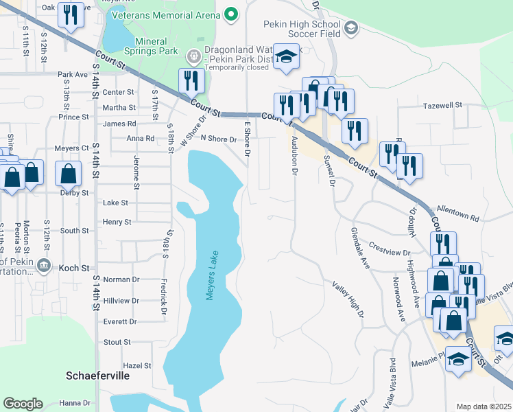 map of restaurants, bars, coffee shops, grocery stores, and more near 10 Rosewood Lane in Pekin