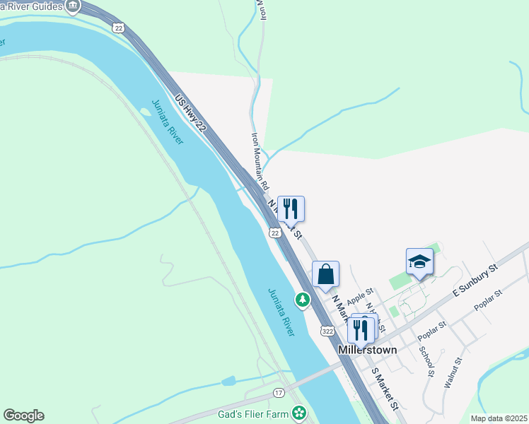map of restaurants, bars, coffee shops, grocery stores, and more near U.S. 322 in Millerstown