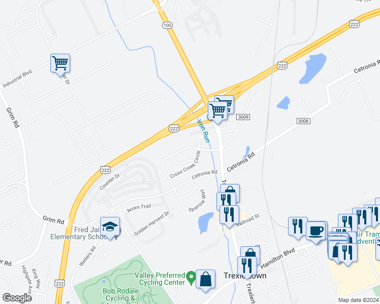 map of restaurants, bars, coffee shops, grocery stores, and more near 7955 Cross Creek Circle West in Breinigsville