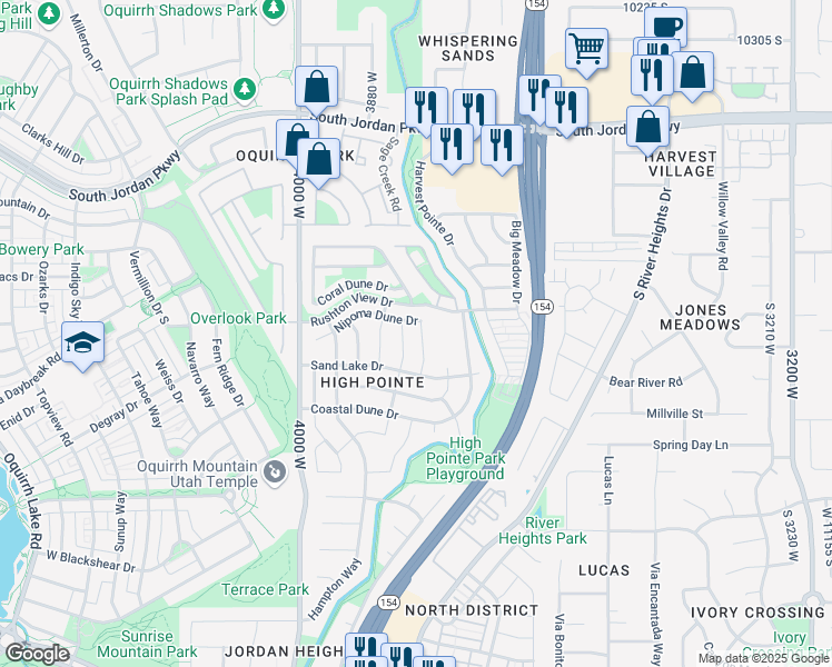 map of restaurants, bars, coffee shops, grocery stores, and more near 10918 Glamis Dune Drive in South Jordan