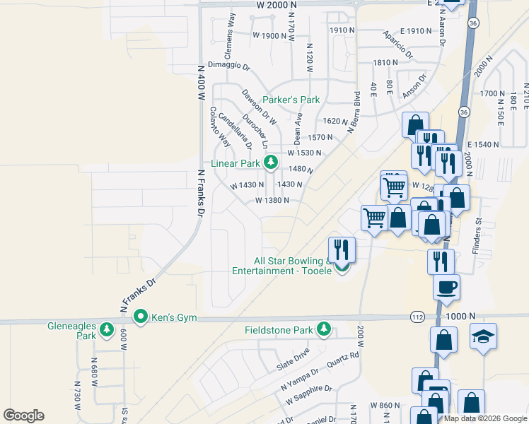 map of restaurants, bars, coffee shops, grocery stores, and more near 215 West 1320 North in Tooele
