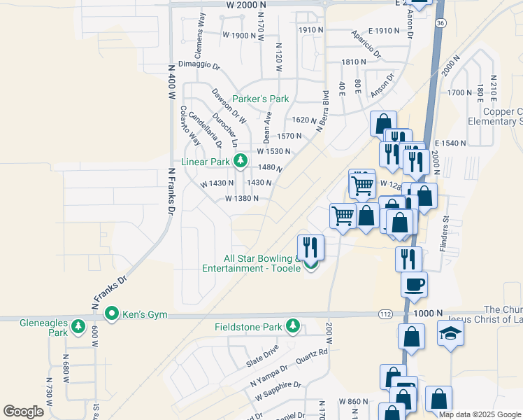 map of restaurants, bars, coffee shops, grocery stores, and more near 168 West 1320 North in Tooele