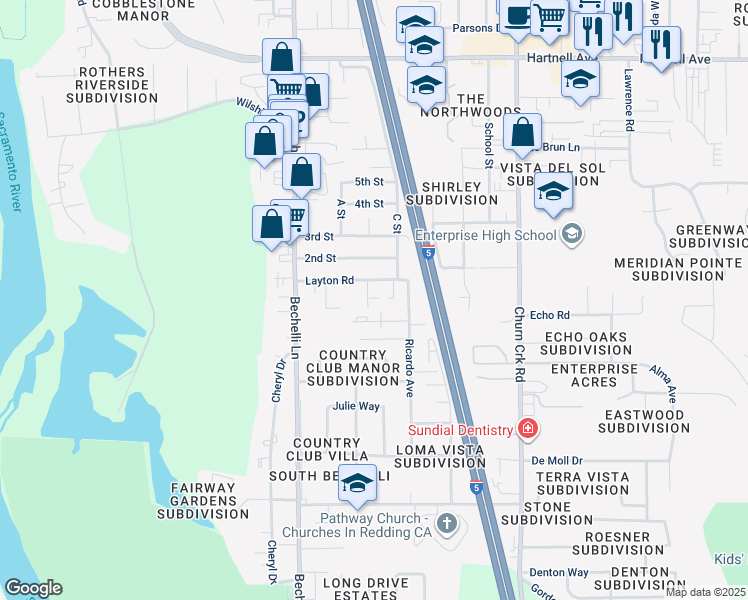 map of restaurants, bars, coffee shops, grocery stores, and more near 1110 Layton Road in Redding