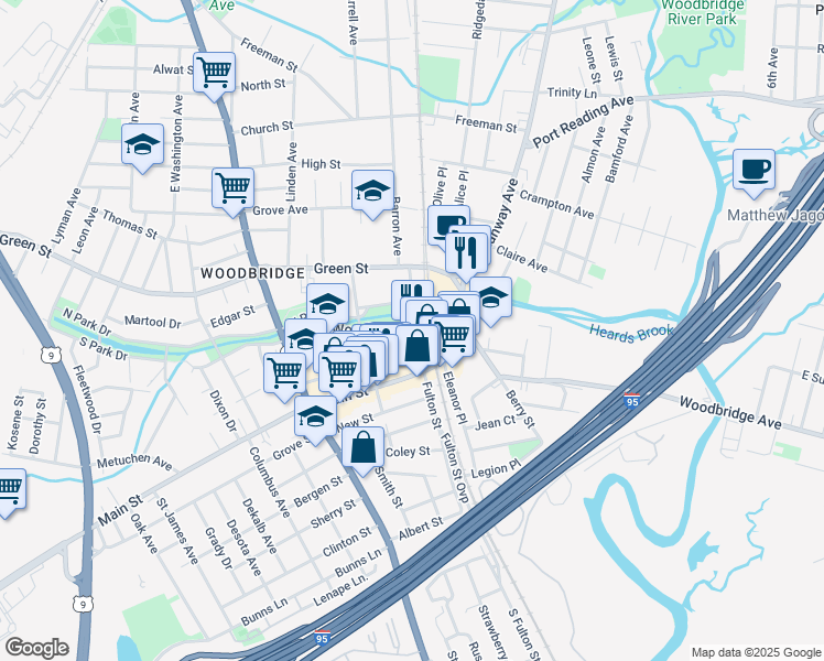 map of restaurants, bars, coffee shops, grocery stores, and more near 399 Pearl Street in Woodbridge Township