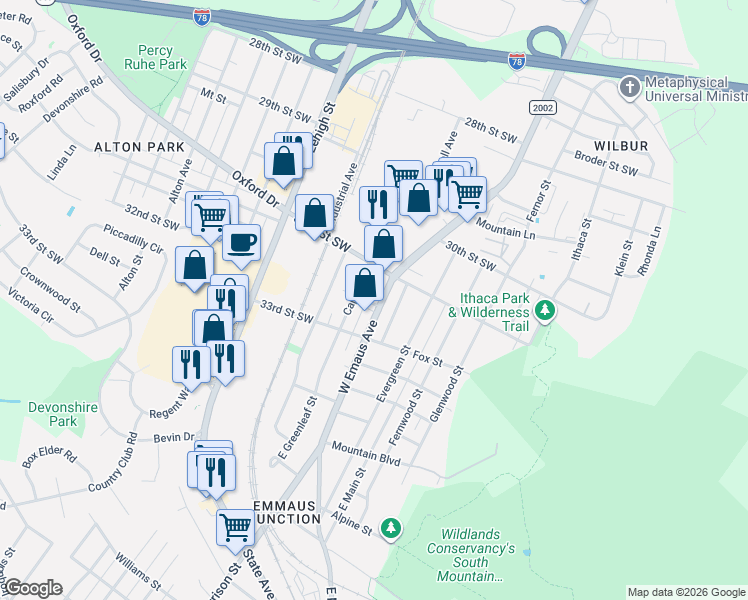 map of restaurants, bars, coffee shops, grocery stores, and more near 3235 West Emaus Avenue in Allentown