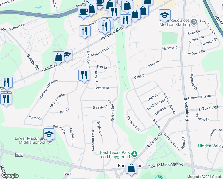 map of restaurants, bars, coffee shops, grocery stores, and more near 5616 Greens Drive in Wescosville