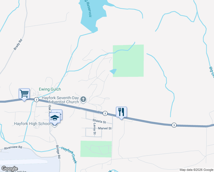 map of restaurants, bars, coffee shops, grocery stores, and more near Reservoir Road in Hayfork