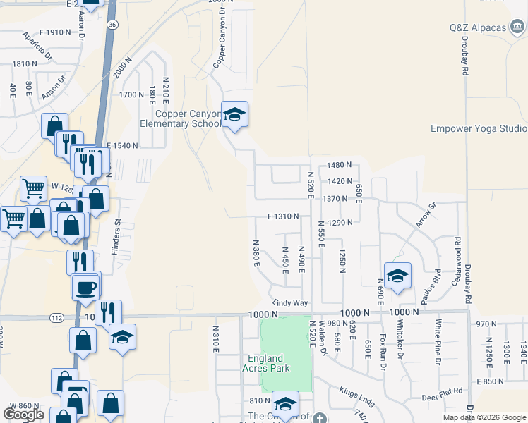 map of restaurants, bars, coffee shops, grocery stores, and more near 405 East 1310 North in Tooele