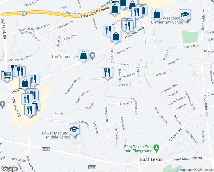 map of restaurants, bars, coffee shops, grocery stores, and more near 1180 South Krocks Road in Allentown