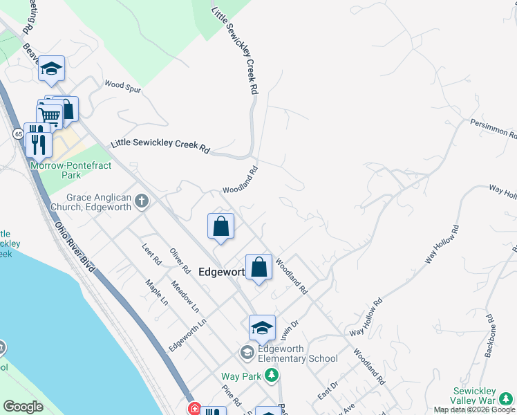 map of restaurants, bars, coffee shops, grocery stores, and more near 428 Woodland Road in Sewickley