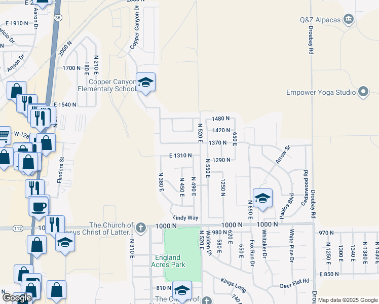 map of restaurants, bars, coffee shops, grocery stores, and more near 475 East 1310 North in Tooele
