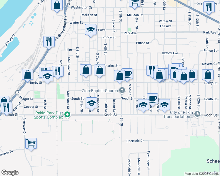 map of restaurants, bars, coffee shops, grocery stores, and more near 400 Herman Street in Pekin