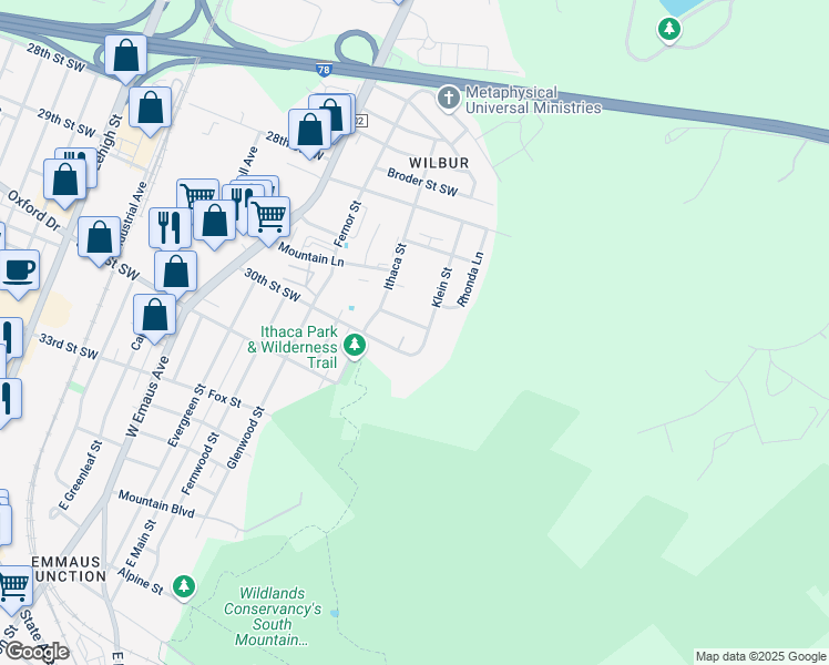 map of restaurants, bars, coffee shops, grocery stores, and more near 2960 Klein Street in Allentown