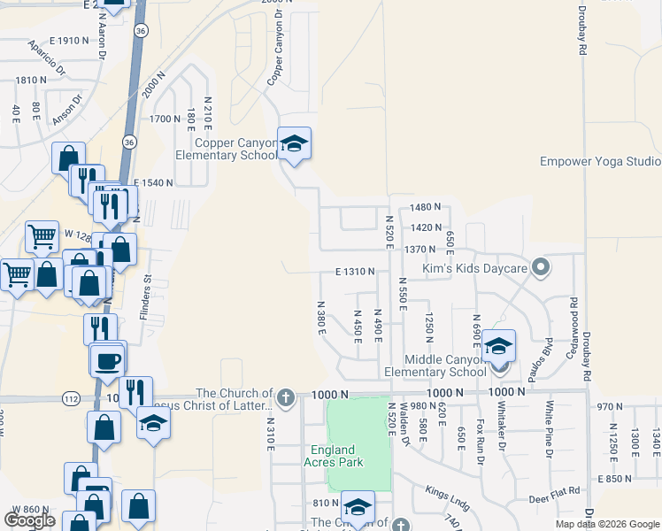 map of restaurants, bars, coffee shops, grocery stores, and more near 405 East 1310 North in Tooele