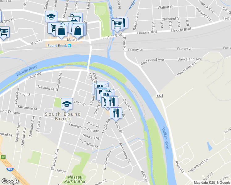 map of restaurants, bars, coffee shops, grocery stores, and more near 34 Washington Street in South Bound Brook