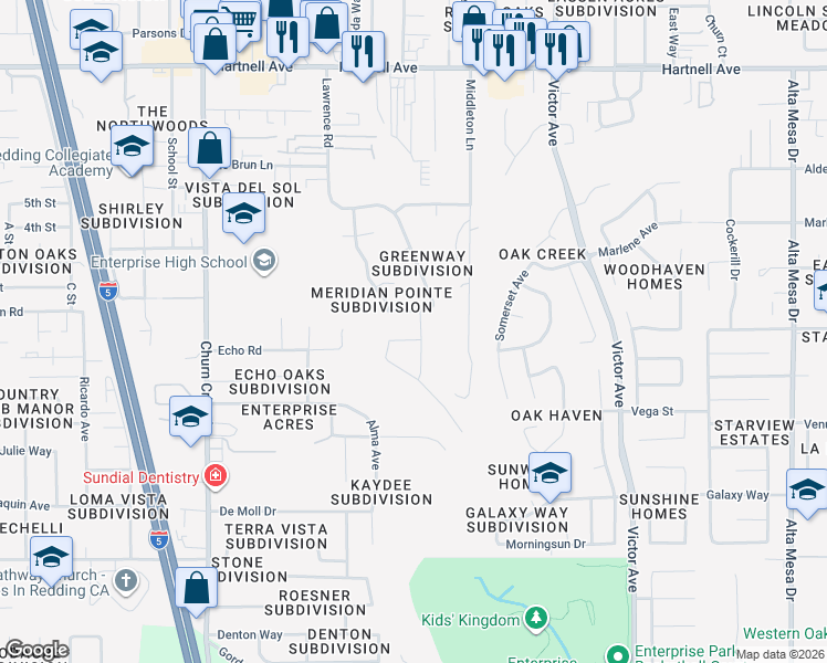 map of restaurants, bars, coffee shops, grocery stores, and more near 3601 Lawrence Road in Redding