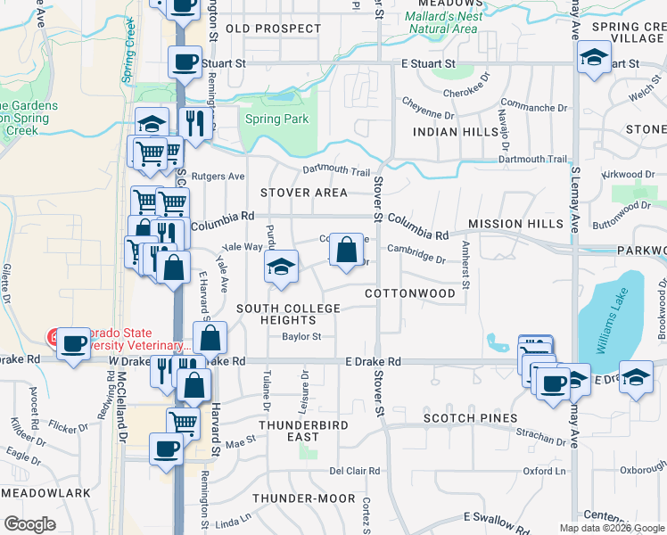 map of restaurants, bars, coffee shops, grocery stores, and more near 501 Tulane Drive in Fort Collins
