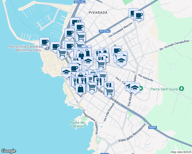 map of restaurants, bars, coffee shops, grocery stores, and more near 69/E Via Alessandro Manzoni in Alghero