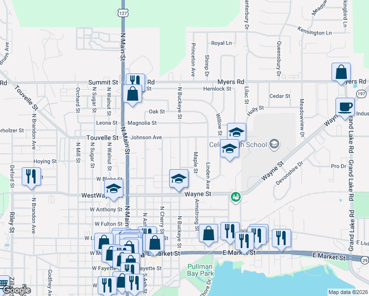 map of restaurants, bars, coffee shops, grocery stores, and more near 623 Maple Street in Celina
