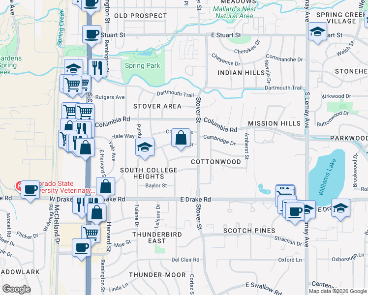 map of restaurants, bars, coffee shops, grocery stores, and more near 516 Brown Avenue in Fort Collins