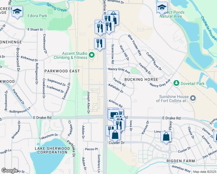 map of restaurants, bars, coffee shops, grocery stores, and more near 2103 Katahdin Drive in Fort Collins