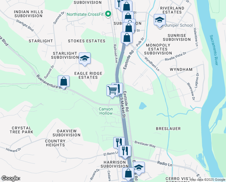 map of restaurants, bars, coffee shops, grocery stores, and more near 4070 Railroad Avenue in Redding