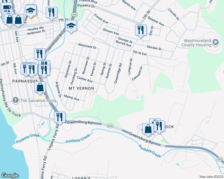 map of restaurants, bars, coffee shops, grocery stores, and more near 309 Greenridge Road in New Kensington