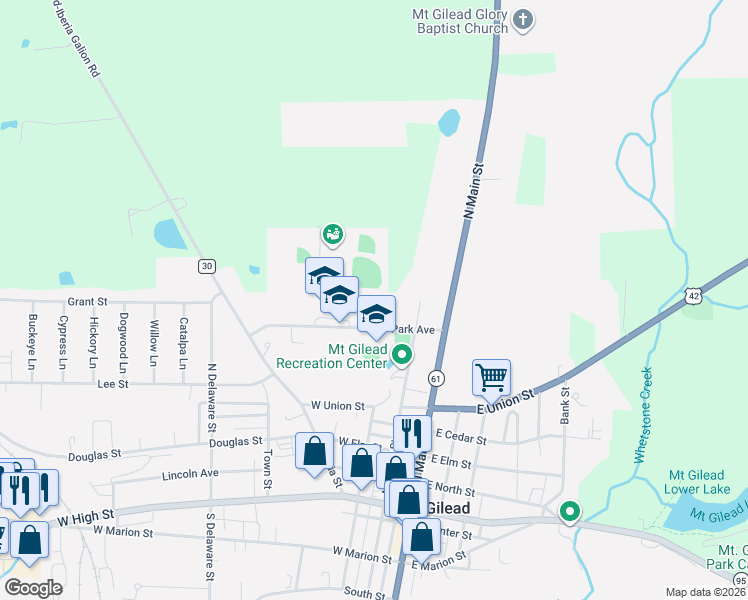map of restaurants, bars, coffee shops, grocery stores, and more near 313 Northfield Drive in Mount Gilead
