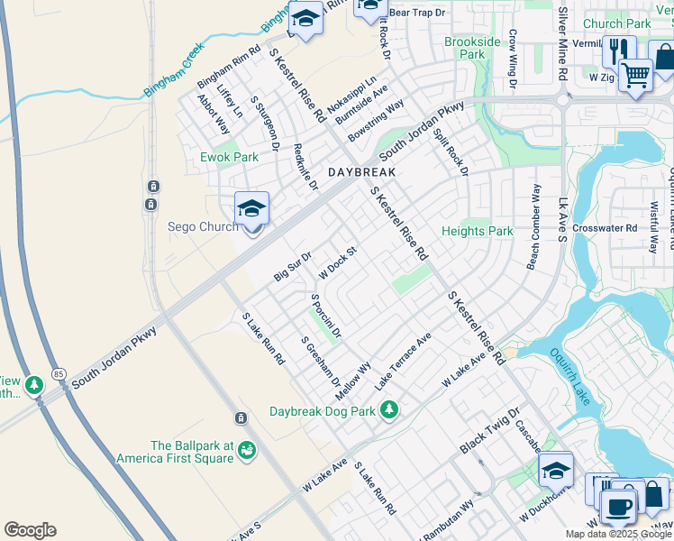 map of restaurants, bars, coffee shops, grocery stores, and more near 5229 West Arista Way in South Jordan