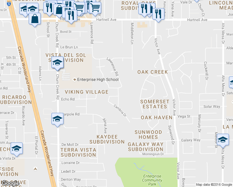 map of restaurants, bars, coffee shops, grocery stores, and more near 3601 Lawrence Road in Redding