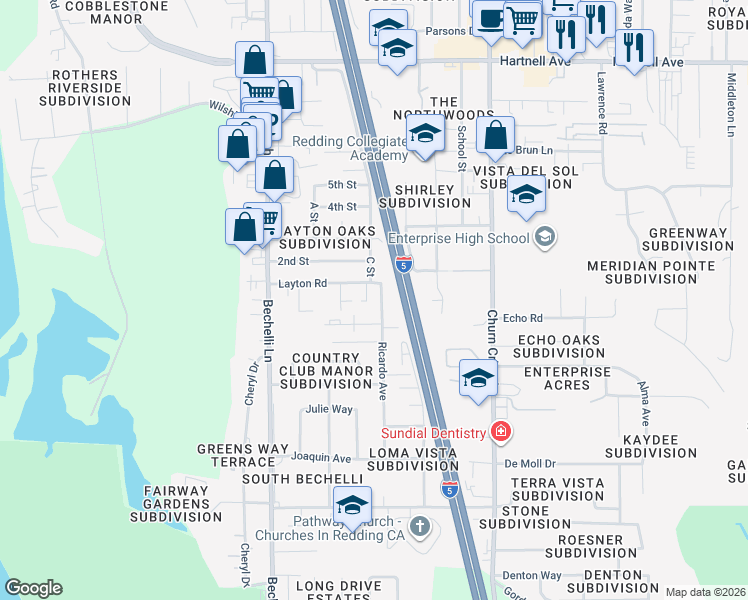 map of restaurants, bars, coffee shops, grocery stores, and more near 3580 Ricardo Avenue in Redding