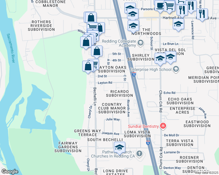 map of restaurants, bars, coffee shops, grocery stores, and more near 3639 Bechelli Lane in Redding
