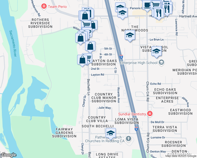 map of restaurants, bars, coffee shops, grocery stores, and more near 3639 Bechelli Lane in Redding