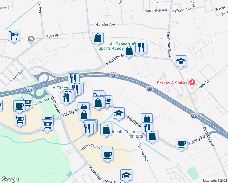 map of restaurants, bars, coffee shops, grocery stores, and more near 5000 Hadley Road in South Plainfield