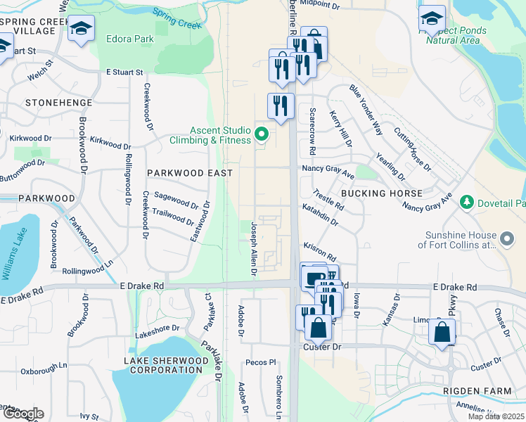 map of restaurants, bars, coffee shops, grocery stores, and more near 2451 South Timberline Road in Fort Collins