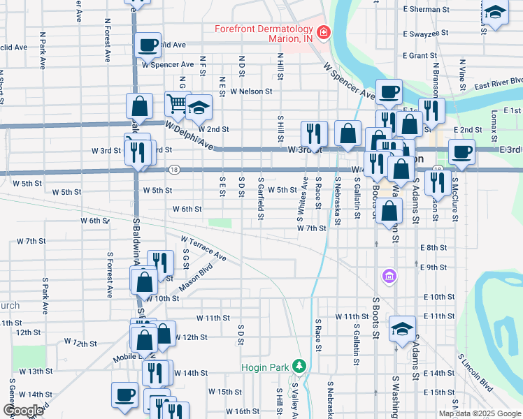 map of restaurants, bars, coffee shops, grocery stores, and more near 601 South Garfield Street in Marion